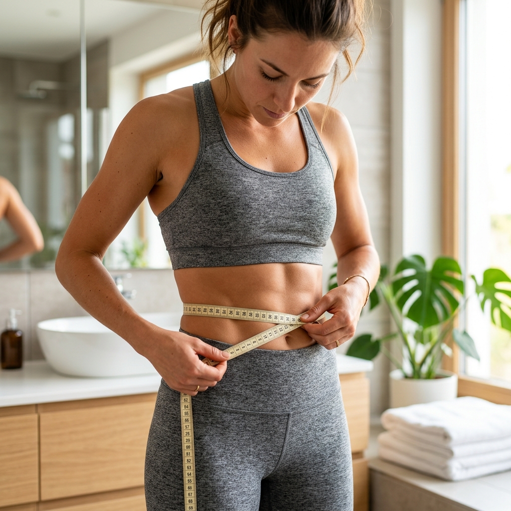 Sportliche Frau misst ihre schlanke Taille mit einem Maßband